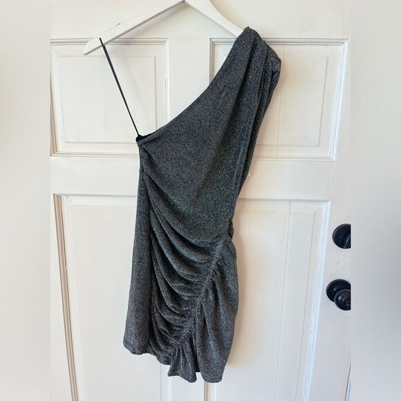 Nwt Free People Malia Shimmery Silver Black One Shoulder Mini Dress - Picture 3 of 6